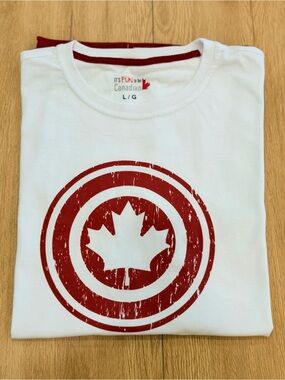 White Short-Sleeve Crewneck Tee with Red Maple Emblem